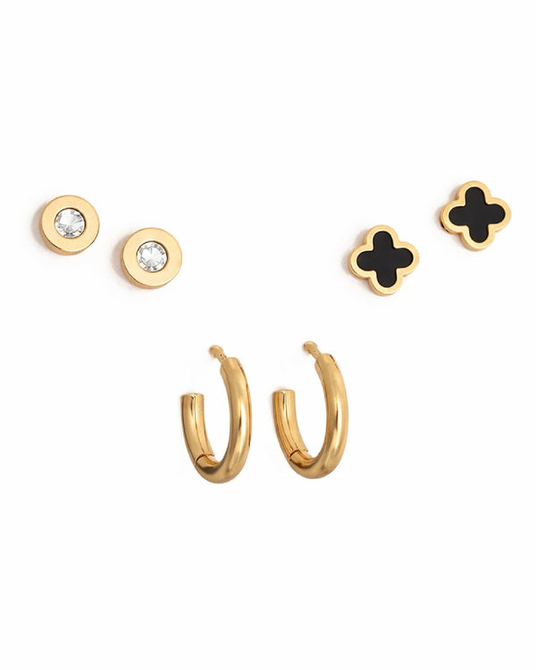 Crystal Round Studs, Gold Mini Hoop & Black Clover Studs Earrings Combo Set of Three