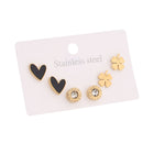Black Heart, Crystal Round & Clover Stud Earrings Combo Set of Three