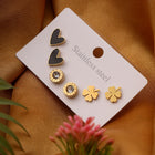 Black Heart, Crystal Round & Clover Stud Earrings Combo Set of Three