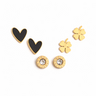 Black Heart, Crystal Round & Clover Stud Earrings Combo Set of Three