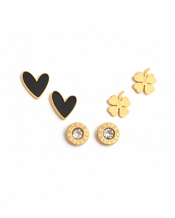 Black Heart, Crystal Round & Clover Stud Earrings Combo Set of Three