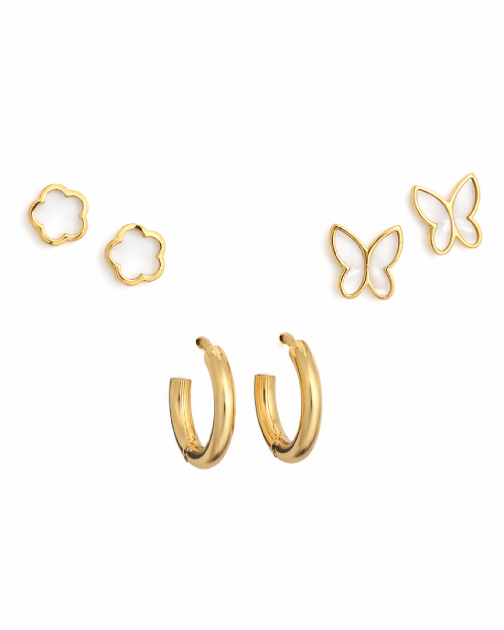 White Clover, Mini Hoop & Butterfly Outline Studs Earrings Combo Set of Three