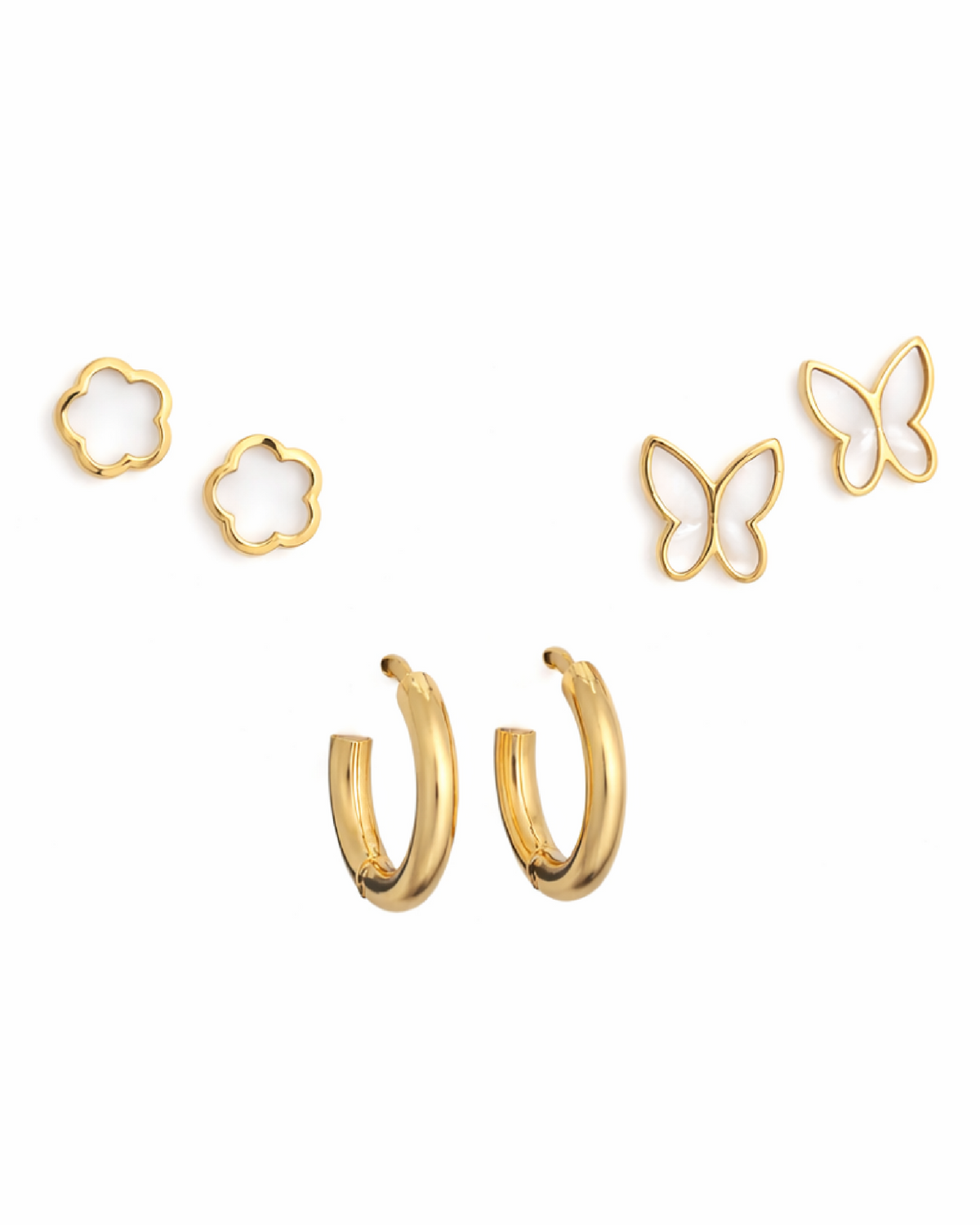 White Clover, Mini Hoop & Butterfly Outline Studs Earrings Combo Set of Three