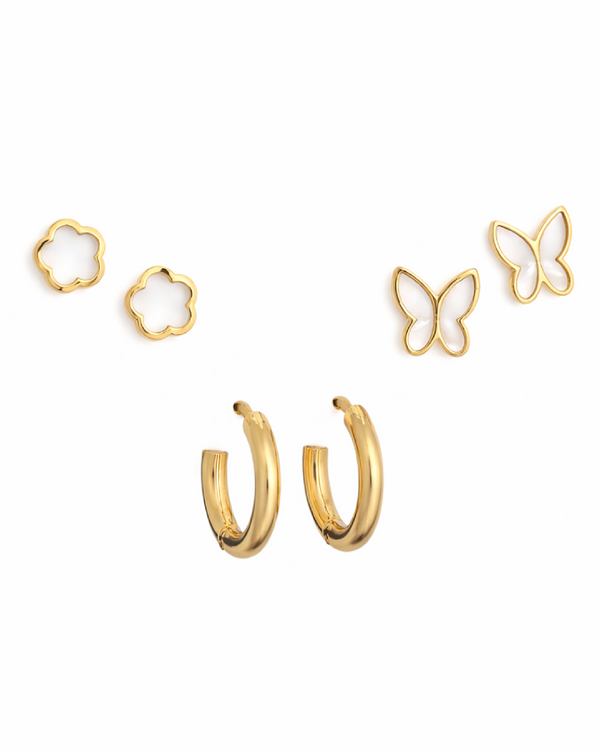 White Clover, Mini Hoop & Butterfly Outline Studs Earrings Combo Set of Three