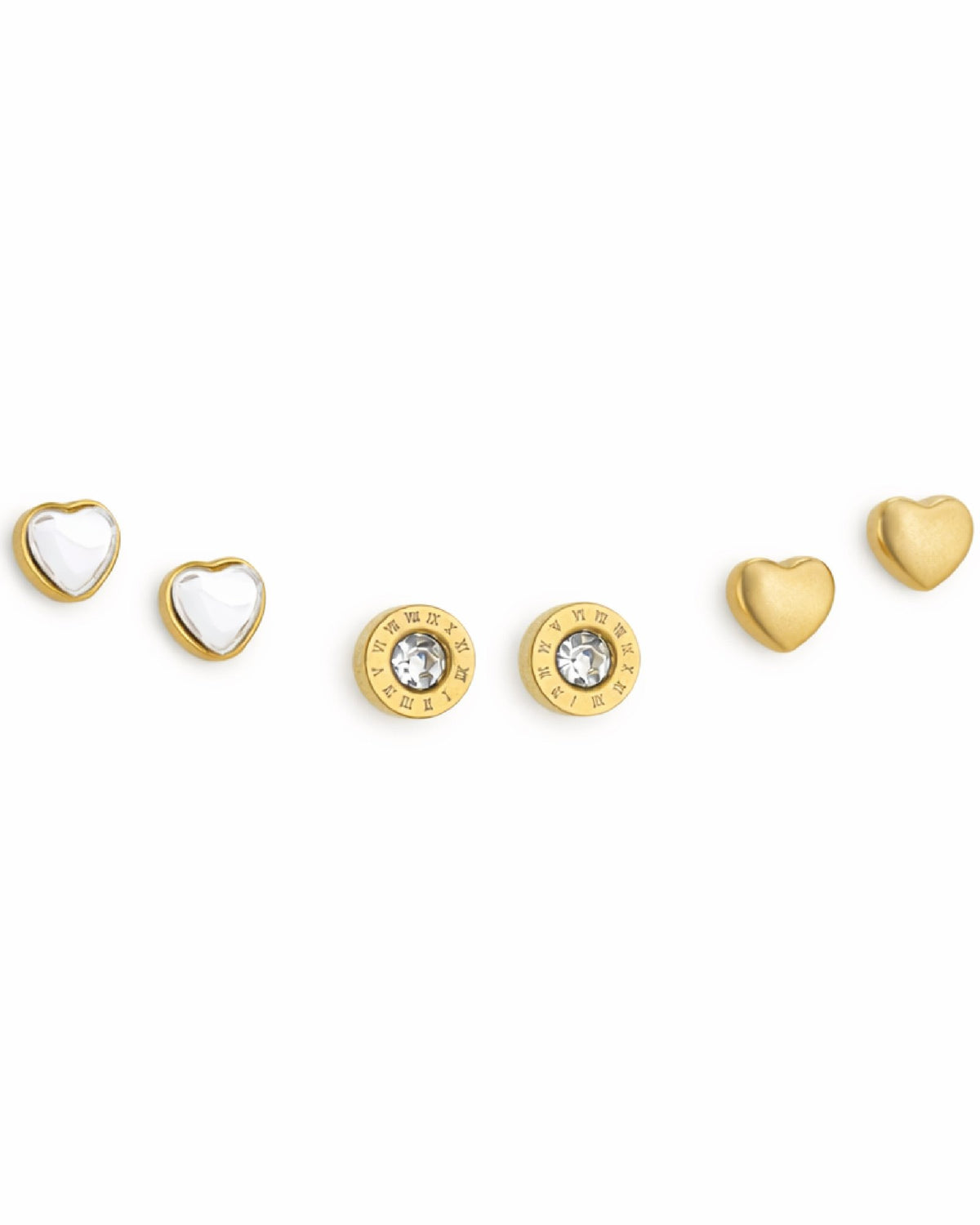 Silver Heart, Crystal & Gold Matte Heart Stud Earrings Combo Set of Three