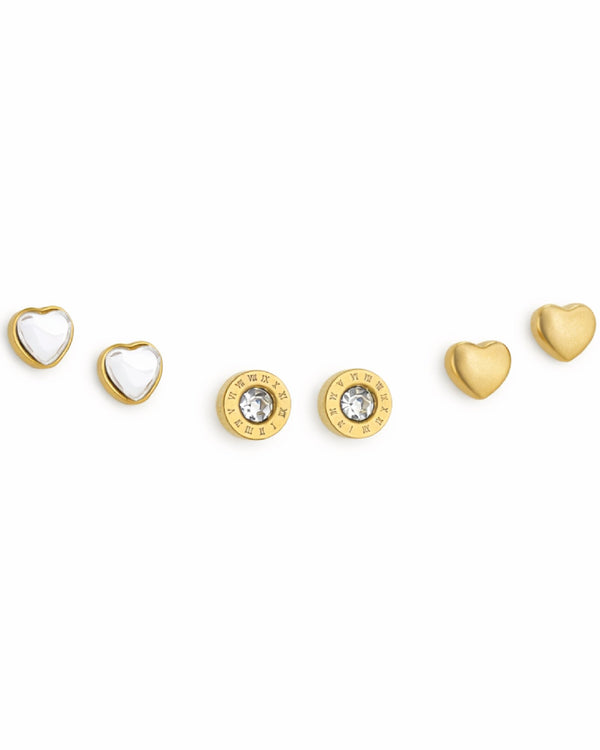 Silver Heart, Crystal & Gold Matte Heart Stud Earrings Combo Set of Three