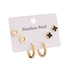 Crystal Round Studs, Gold Mini Hoop & Black Clover Studs Earrings Combo Set of Three