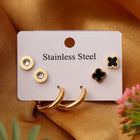 Crystal Round Studs, Gold Mini Hoop & Black Clover Studs Earrings Combo Set of Three