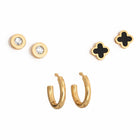 Crystal Round Studs, Gold Mini Hoop & Black Clover Studs Earrings Combo Set of Three