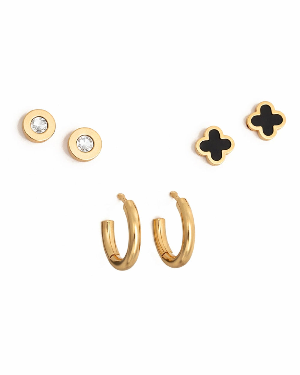 Crystal Round Studs, Gold Mini Hoop & Black Clover Studs Earrings Combo Set of Three