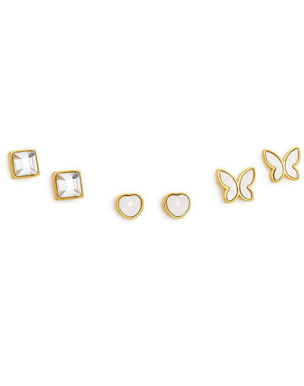 Crystal Square, White Heart & Butterfly Outline Studs Earrings Combo Set of Three