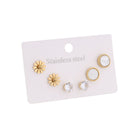 Gold Daisy, Sparkling Crystal Stud Earrings & White Mother-of-Pearl Round Studs Combo Set of Three