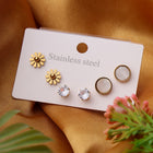 Gold Daisy, Sparkling Crystal Stud Earrings & White Mother-of-Pearl Round Studs Combo Set of Three