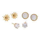 Gold Daisy, Sparkling Crystal Stud Earrings & White Mother-of-Pearl Round Studs Combo Set of Three