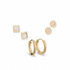 White Square, Gold Mini Hoop & Roman Numeral Circle Studs Earrings Combo Set of Three