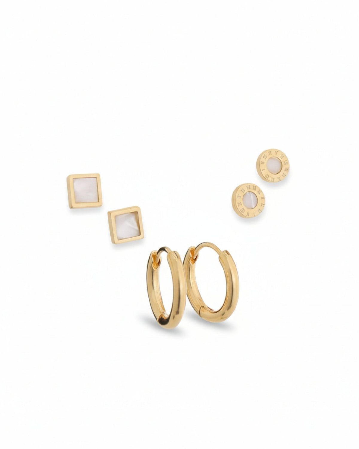 White Square, Gold Mini Hoop & Roman Numeral Circle Studs Earrings Combo Set of Three