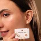 White Square, Gold Mini Hoop & Roman Numeral Circle Studs Earrings Combo Set of Three