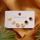 Daisy Studs, Crystal Roman Numeral & Black Enamel Round Stud Earrings Combo Set of Three