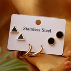 Black Triangle Studs, Gold Mini Hoop & Black Enamel Round Studs Earrings Combo Set of Three