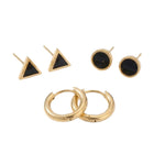 Black Triangle Studs, Gold Mini Hoop & Black Enamel Round Studs Earrings Combo Set of Three