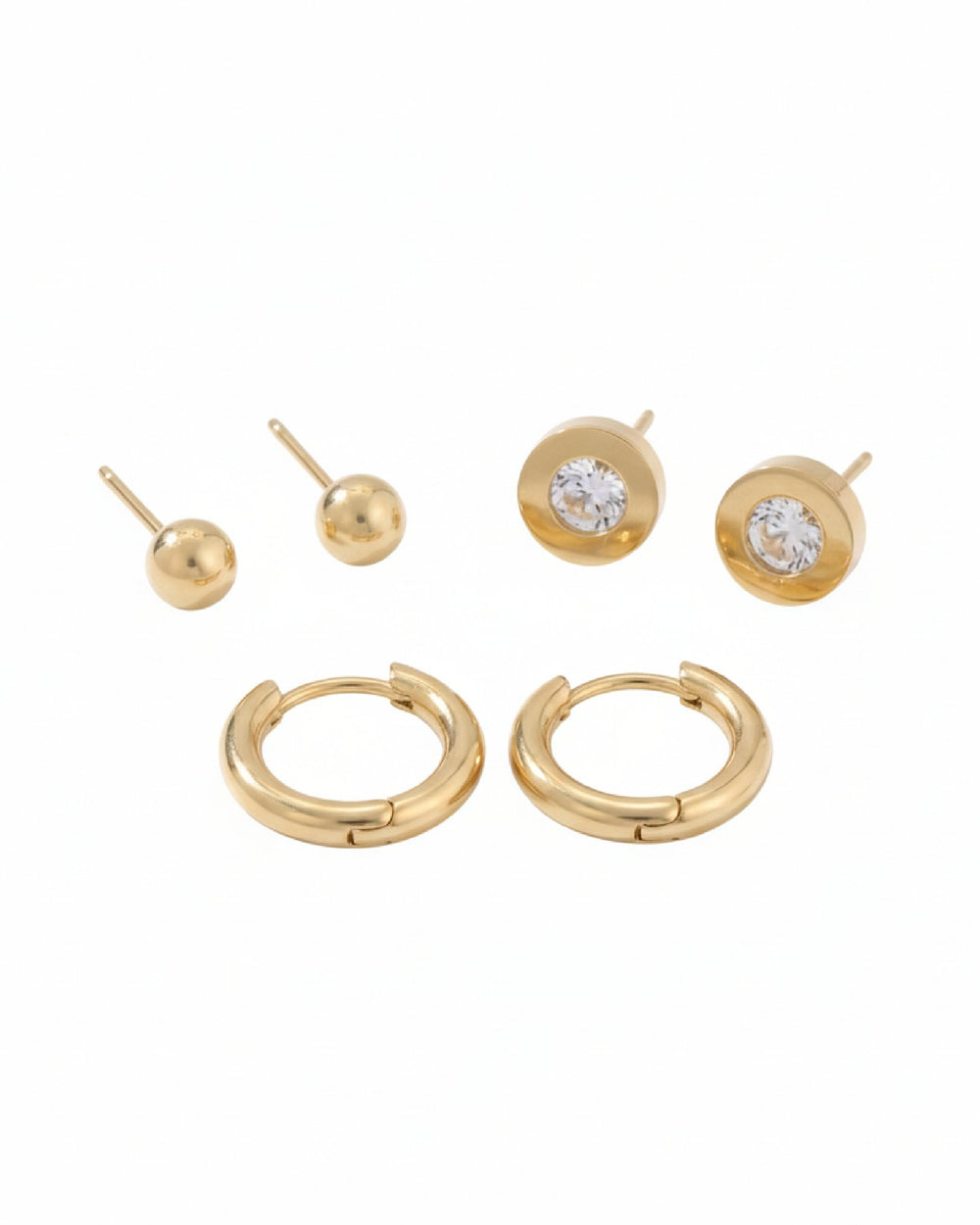 Crystal Round, Gold Mini Hoop & Gold Ball Studs Studs Earrings Combo Set of Three